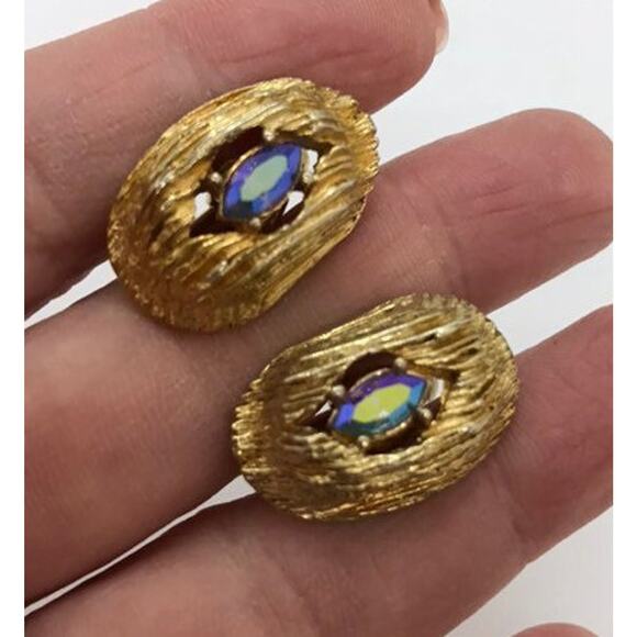 Swank Cuff Links Vintage Mid Century Gold Nuggets Blue Smoke AB Rhinestones - Picture 4 of 7